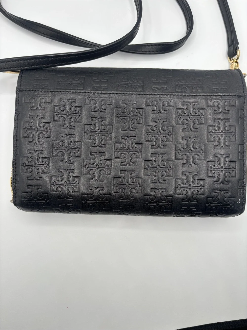 Tory Burch Black Embossed Leather Crossbody with Gold Accent